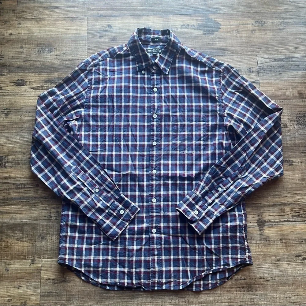 J. Crew Mercantile Flex Mens Slim Plaid Long Sleeve Button-Down Shirt Sz Large